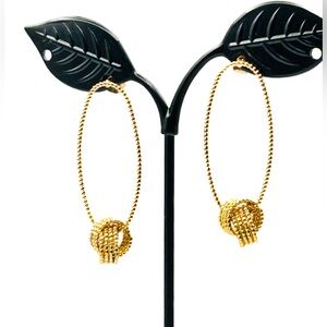 Vintage Gold Tone Love Knot Dangle Earrings, Textured Geometric Oval Hoops